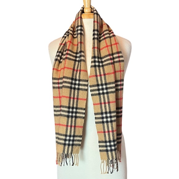 Burberrys Vintage Cashmere Nova Check Plaid Scarf Fringe Black Tan 55x12 Classic - Picture 1 of 10